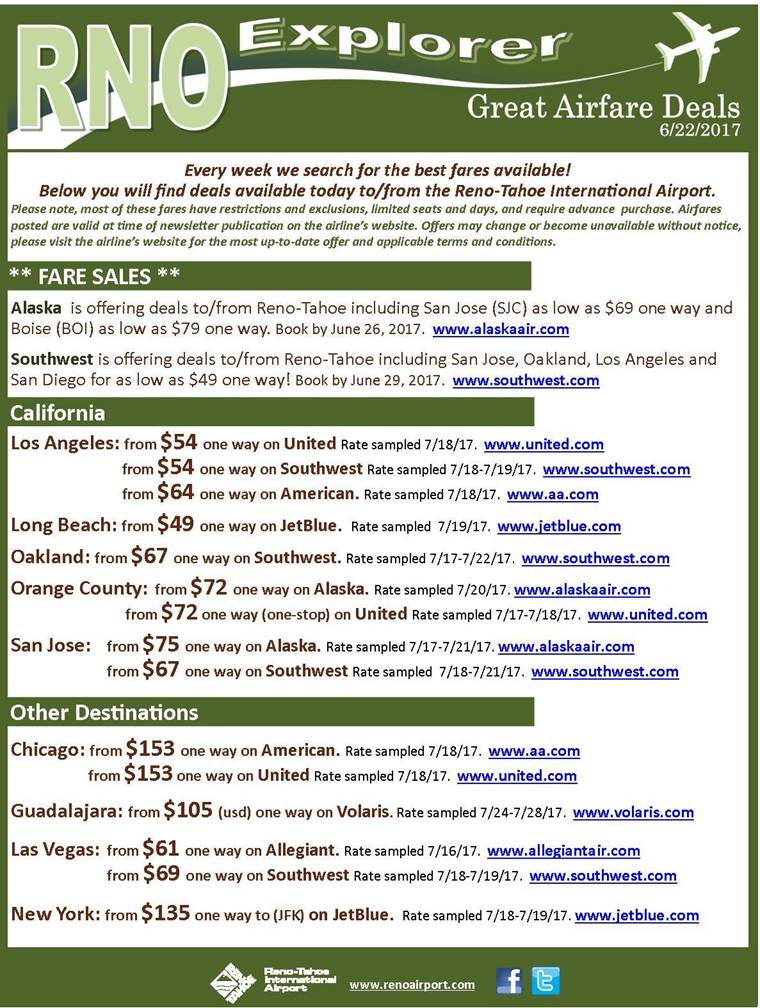 Reno - Tahoe Airfare deals
