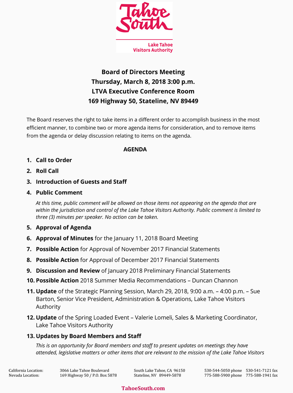 LTVA Board of Directors Meetings