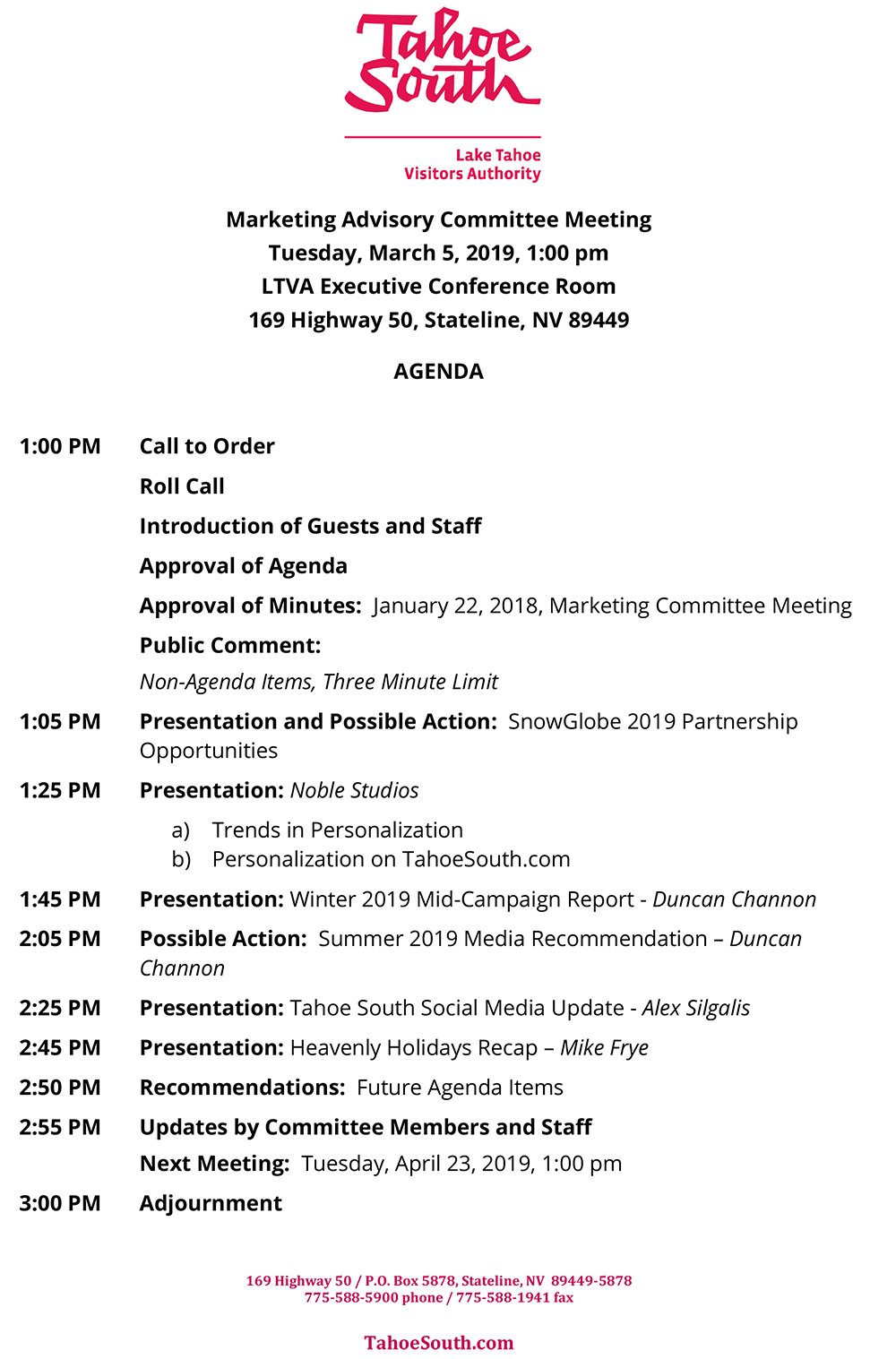 LTVA Marketing Advisory Committee Meeting Agenda