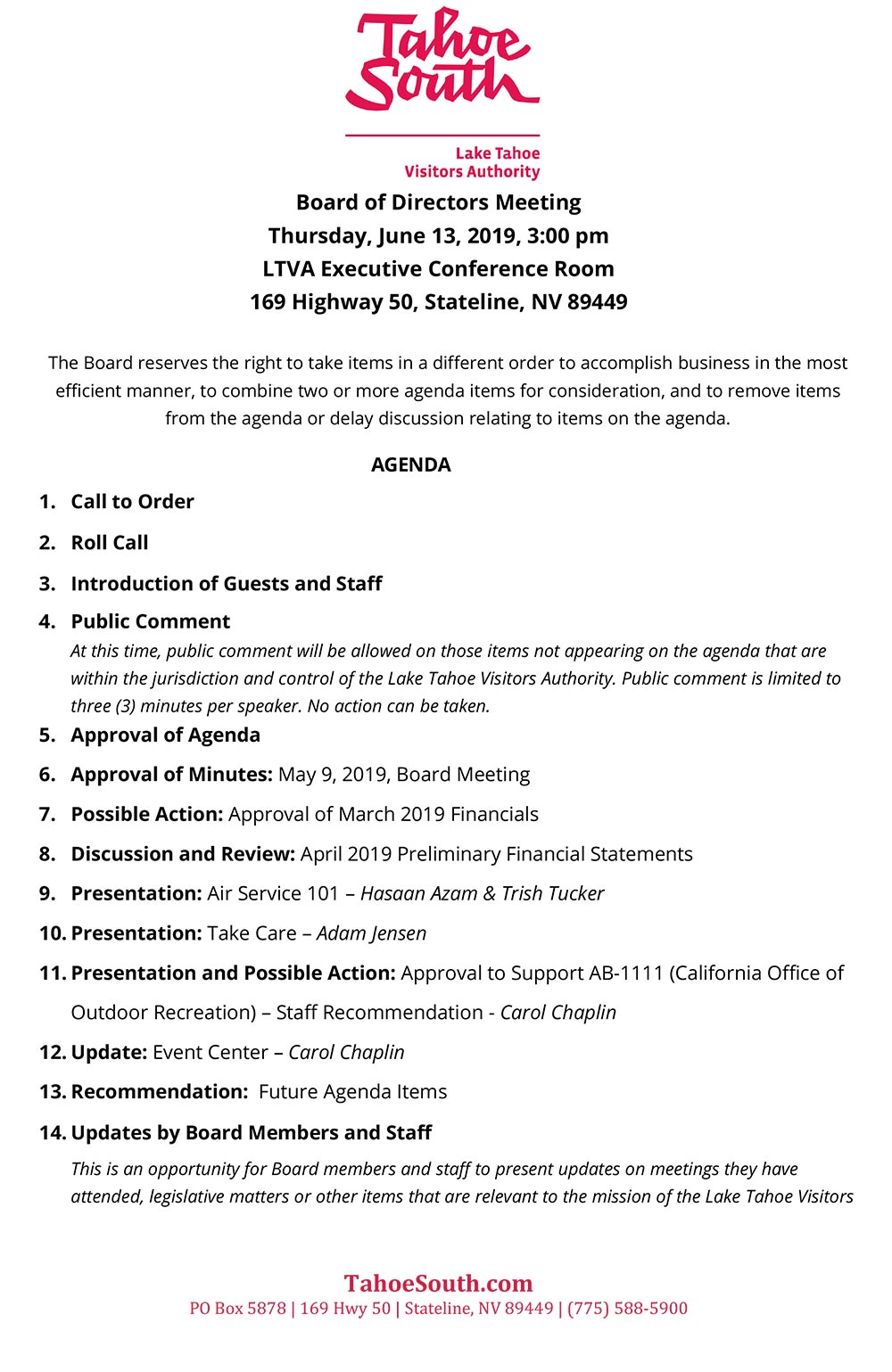 LTVA Board of Directors Meeting Agenda 1