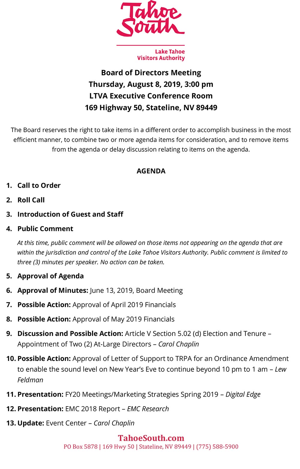 LTVA Board of Directors Agenda Aug 8