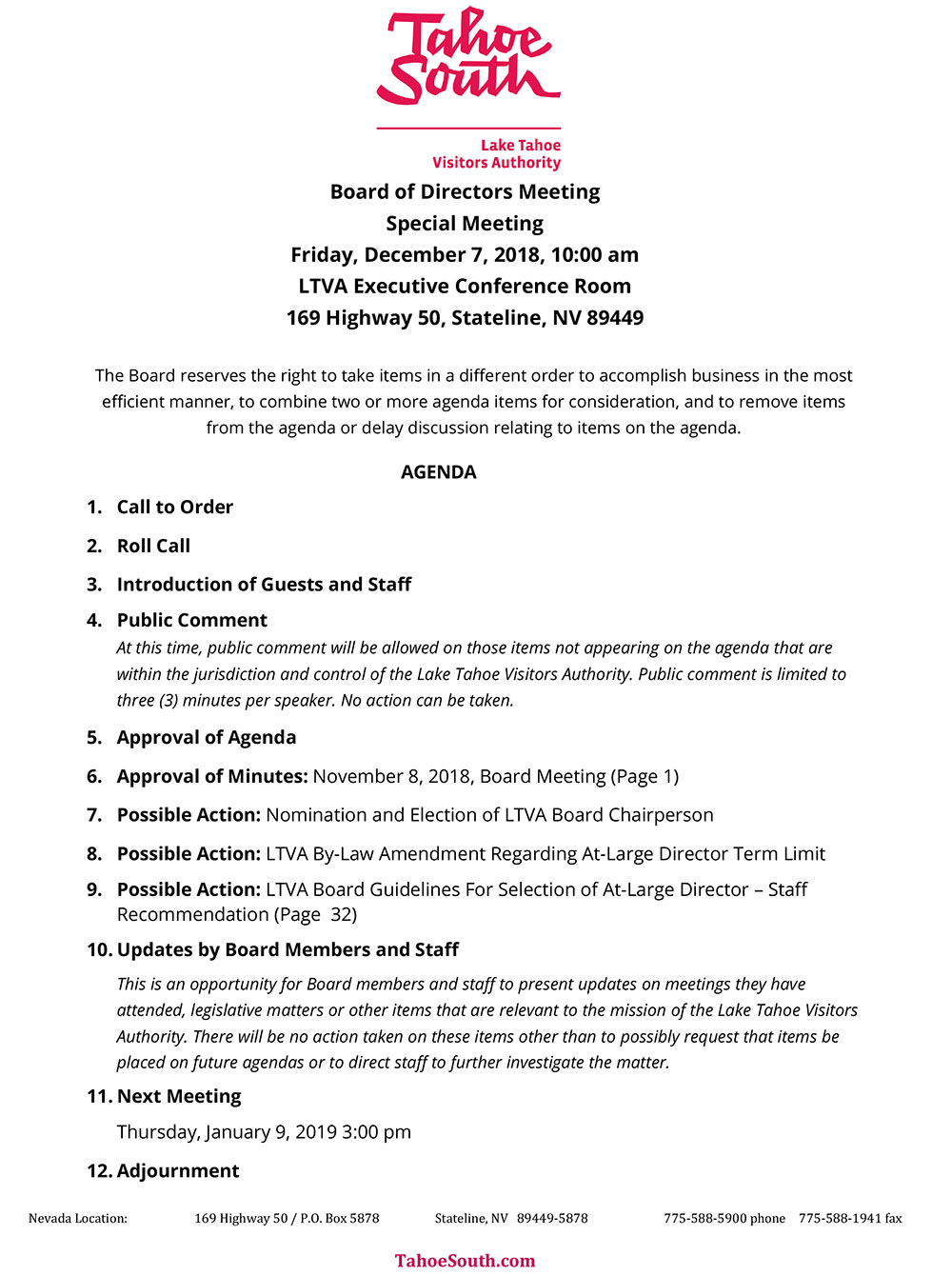 LTVA Board Special Meeting Agenda
