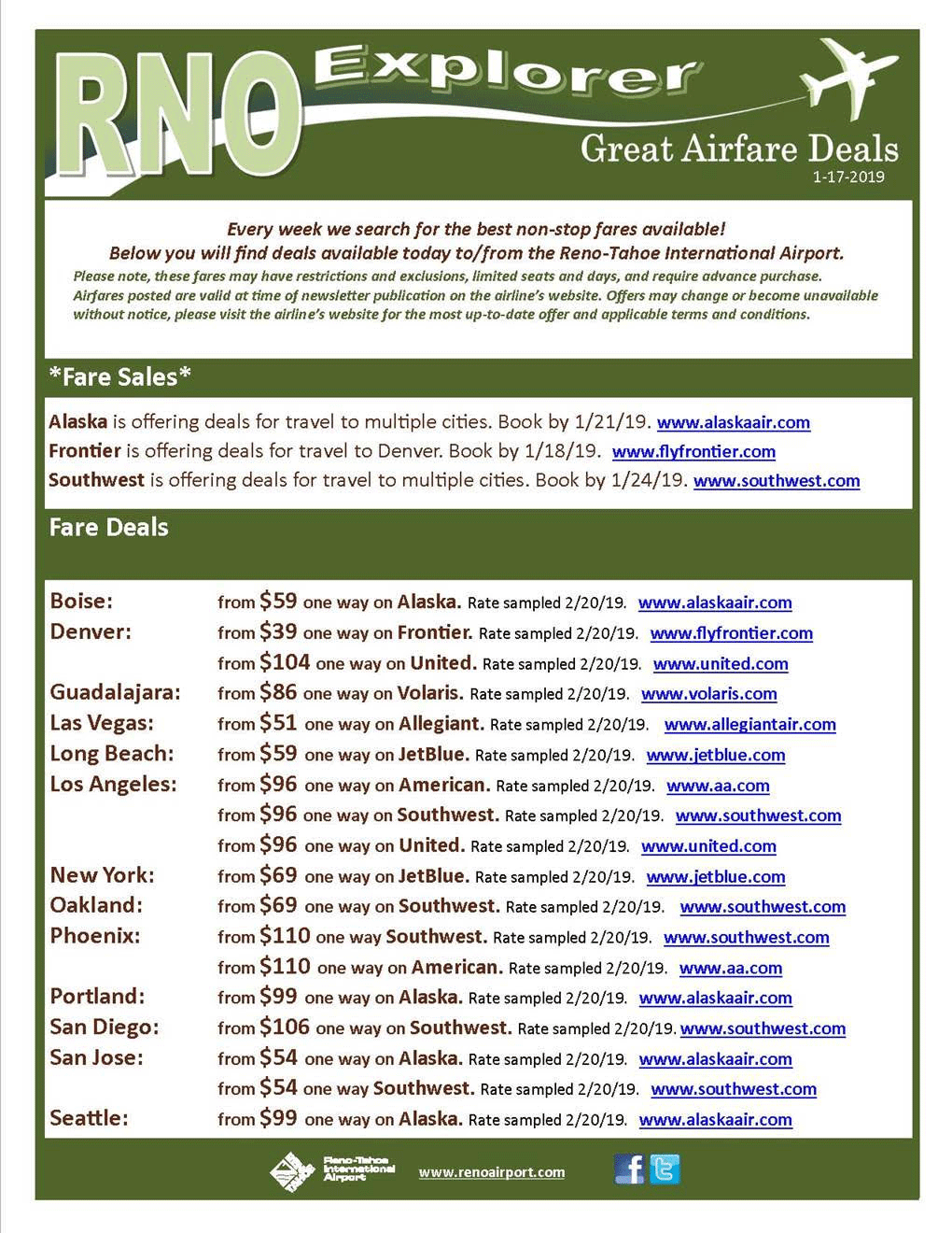 Reno Airfare Deals Jan 17 2019