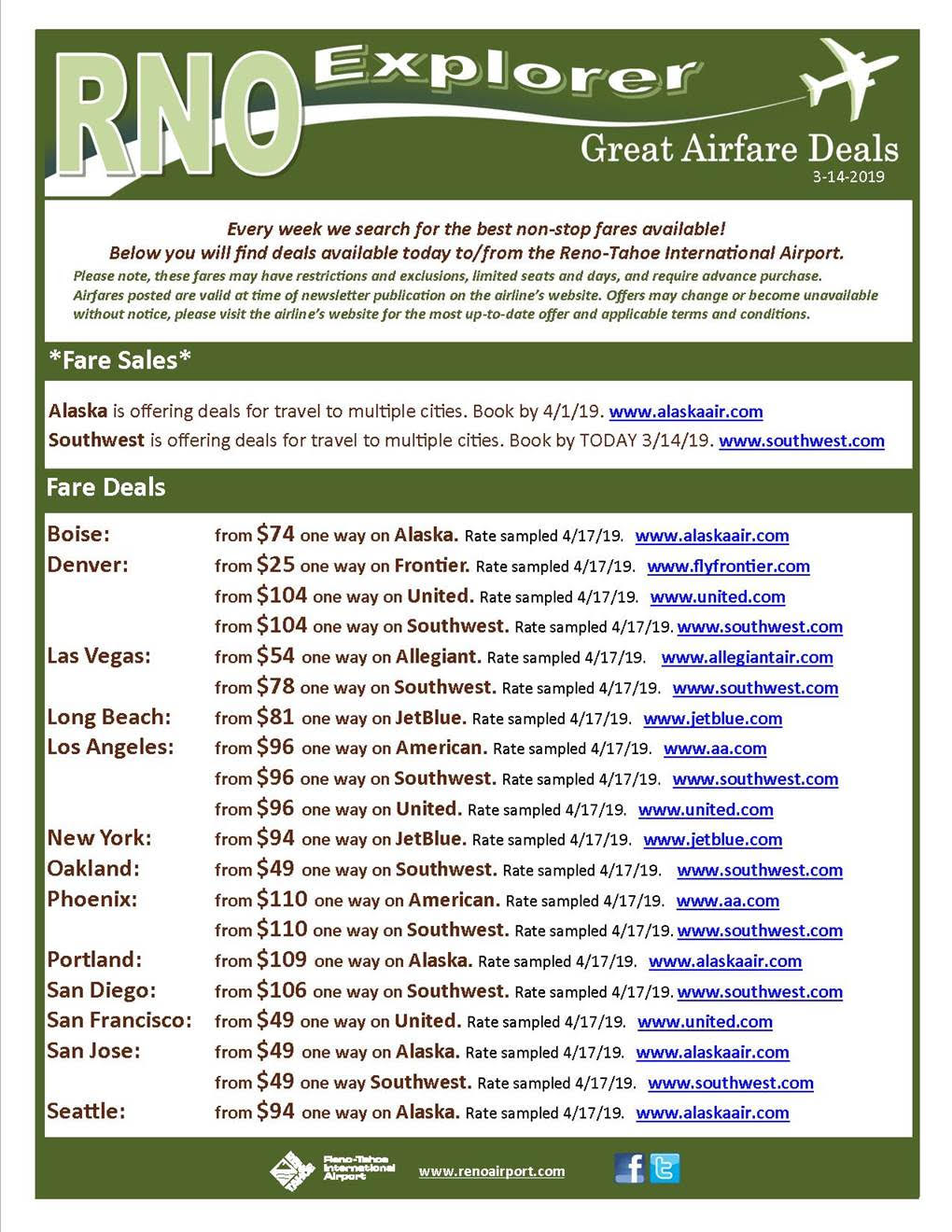 Reno Airfare Deals March 14 2019