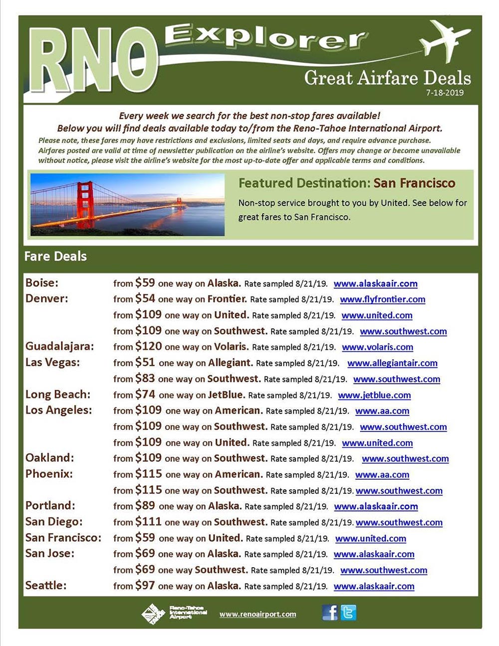 Reno Tahoe Airfare deals for the week of July 18