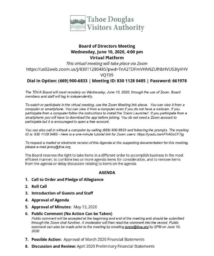 Tahoe Douglas Visitors Authority June Board Agenda Pg 1