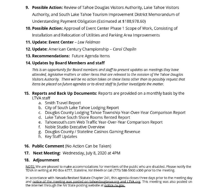 Tahoe Douglas Visitors Authority June Board Agenda Pg 2