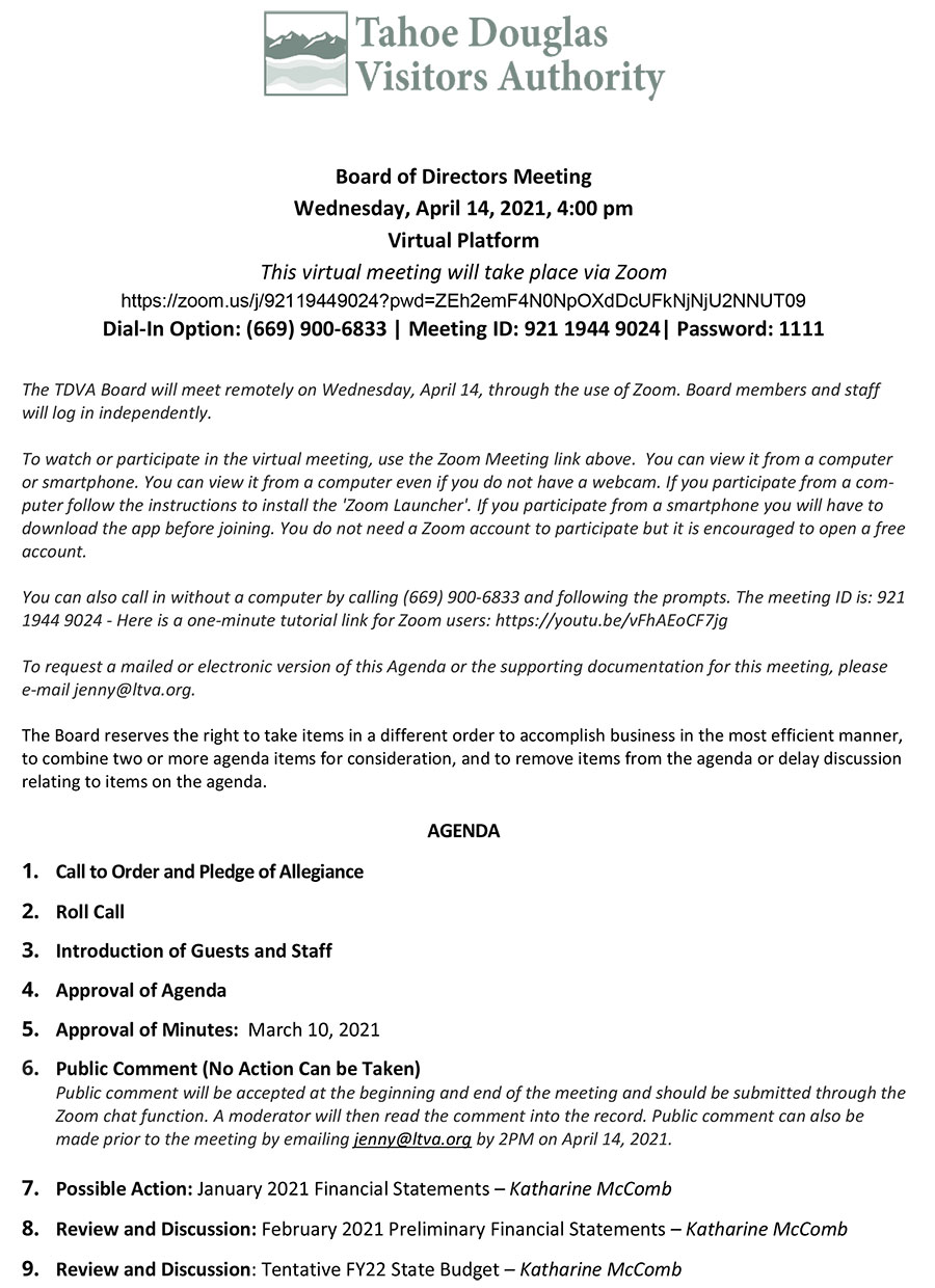 Tahoe Douglas Visitors Authority Board Agenda pg 1