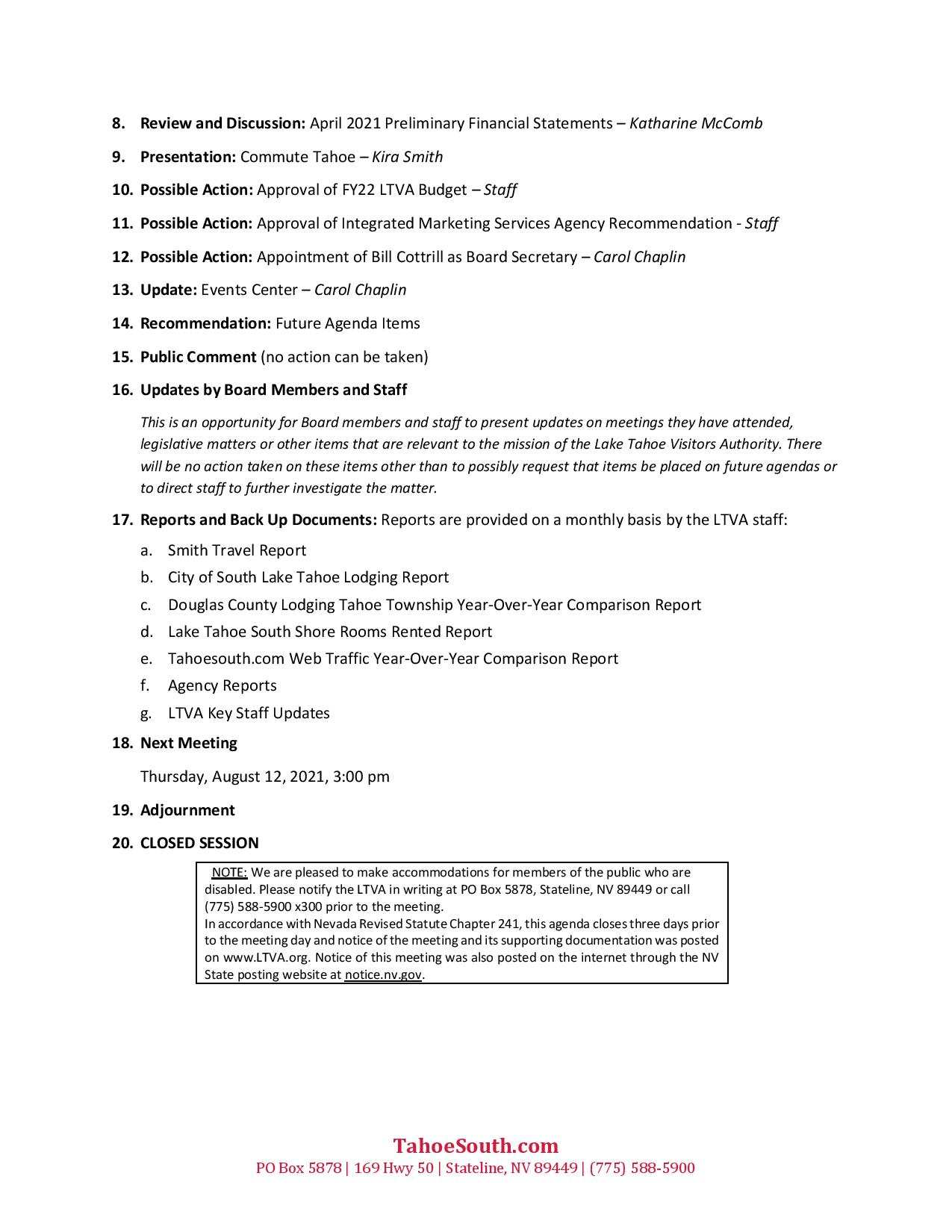 Lake Tahoe Visitors Authority Board Meeting Agenda pg 2