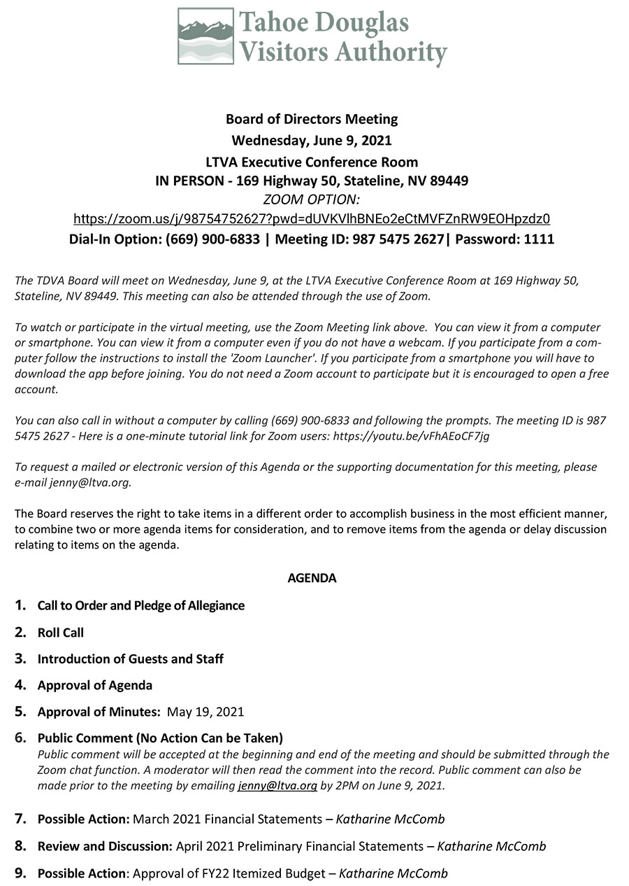 TDVA Board of Directors Meeting Agenda pg 1