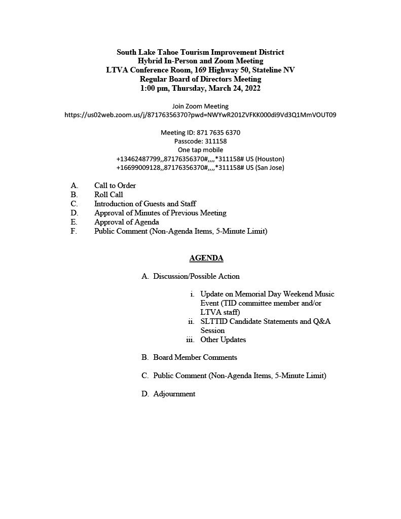 South Lake Tahoe Tourism Improvement District Board Meeting